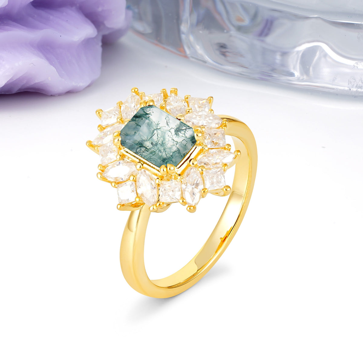 Unique & Classic 12-Prong Emerald Cut Moss Agate Engagement Ring - Additional view
