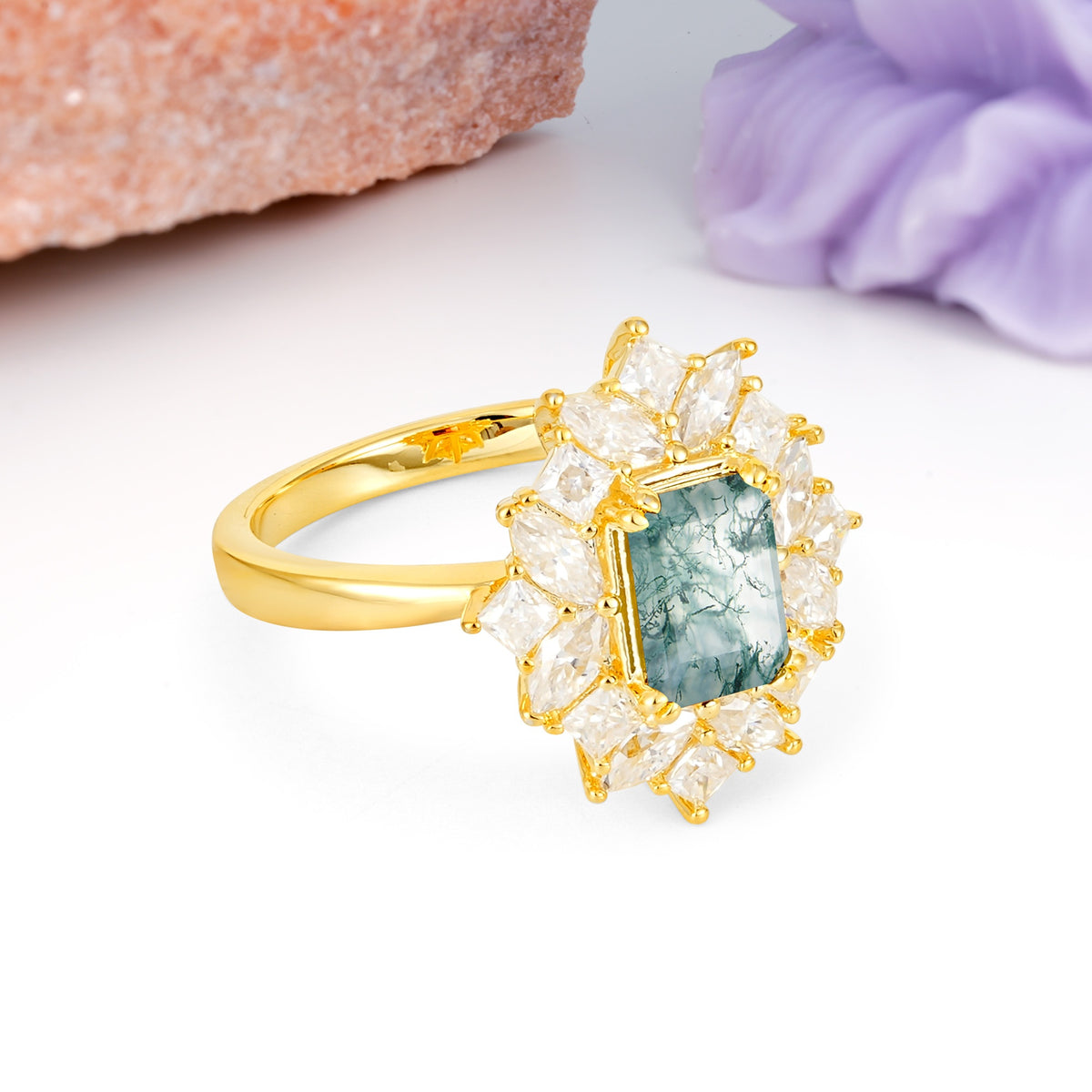 Unique & Classic 12-Prong Emerald Cut Moss Agate Engagement Ring - Additional view