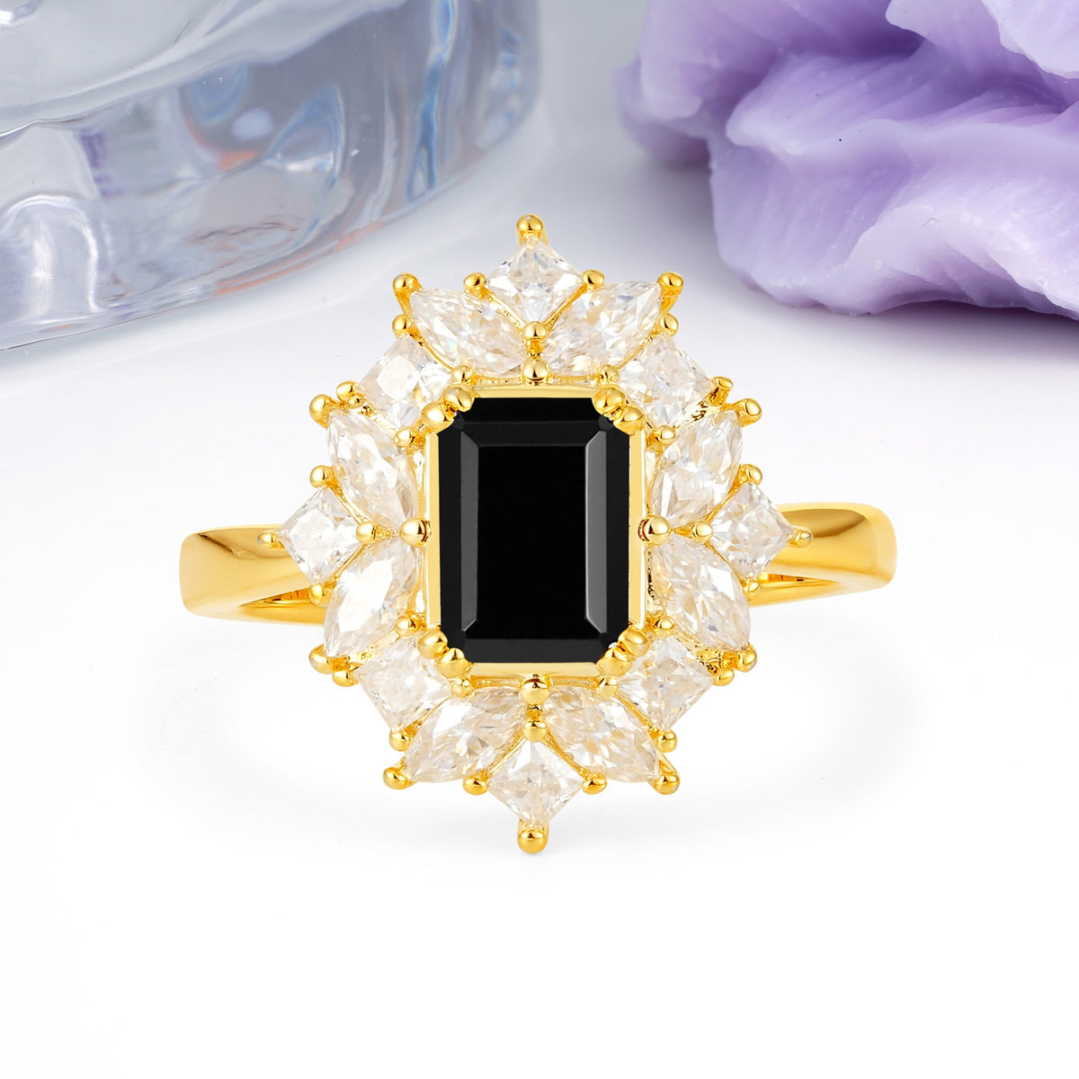 Unique & Classic 12-Prong Emerald Cut Black Onyx Engagement Ring - Additional view