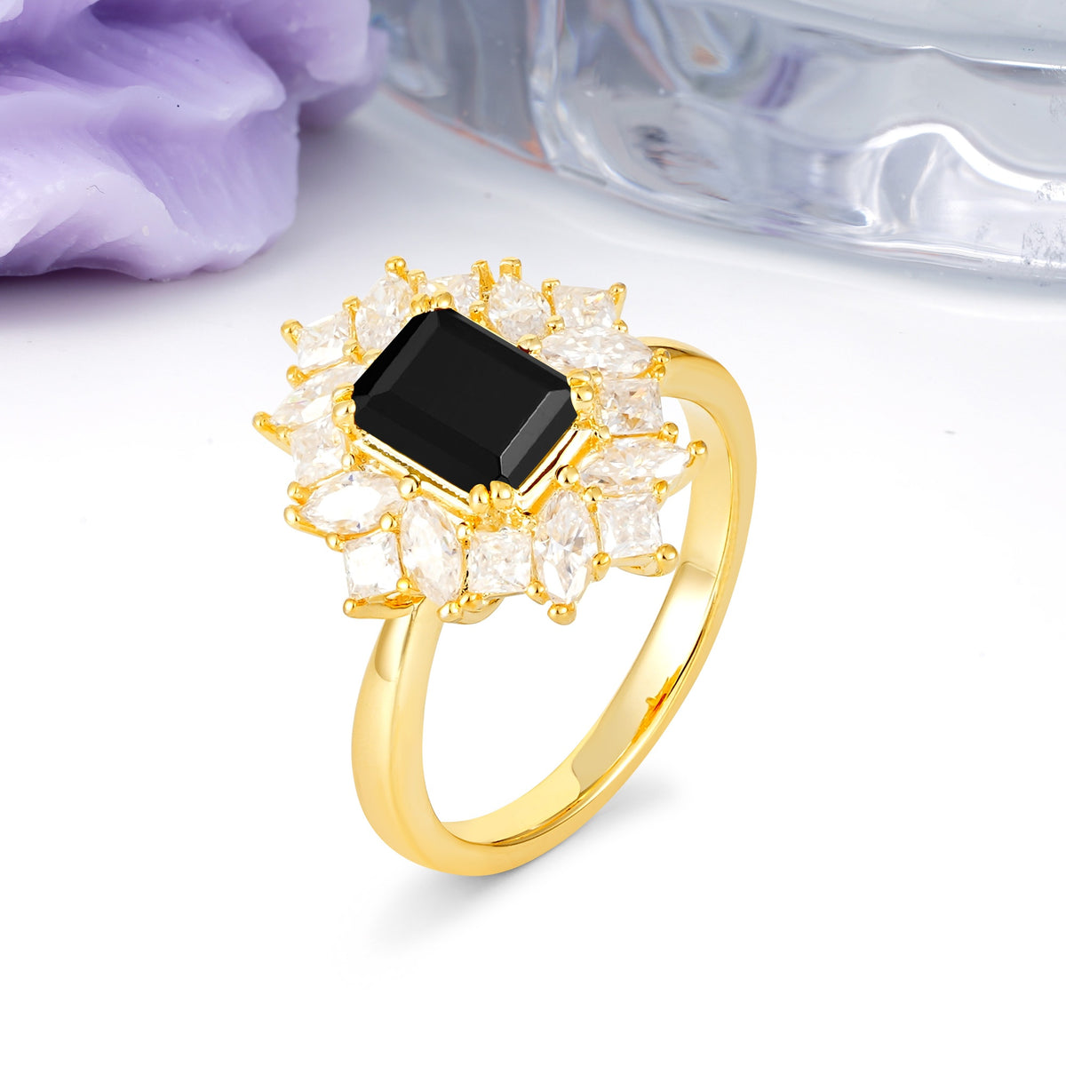 Unique & Classic 12-Prong Emerald Cut Black Onyx Engagement Ring - Additional view