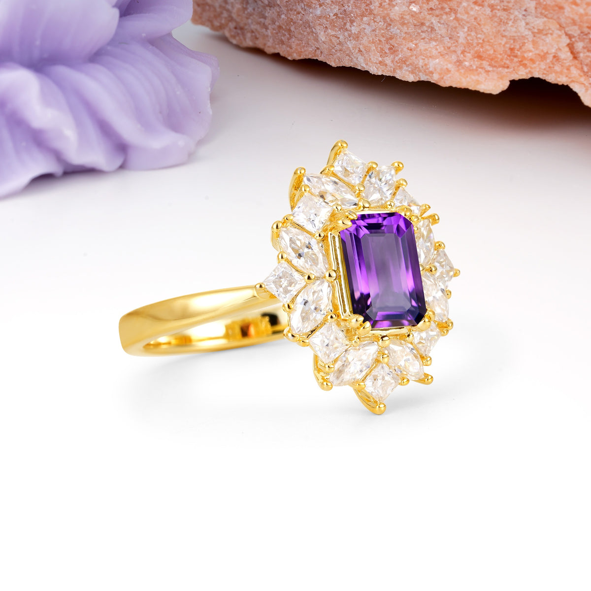 Unique & Classic 12-Prong Emerald Cut Amethyst Engagement Ring - Additional view