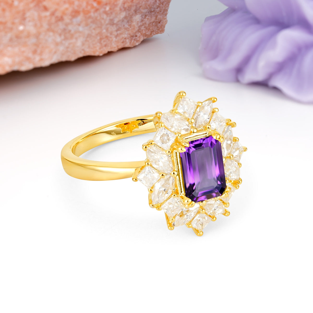 Unique & Classic 12-Prong Emerald Cut Amethyst Engagement Ring - Additional view