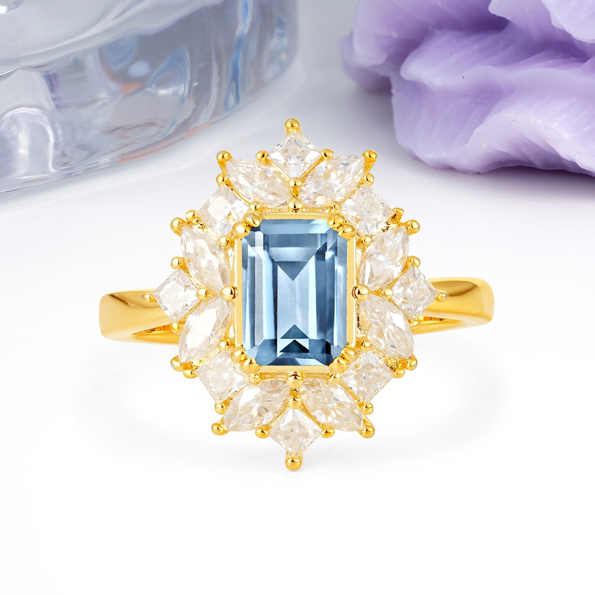 Unique & Classic 12-Prong Emerald Cut Aquamarine Engagement Ring - Additional view