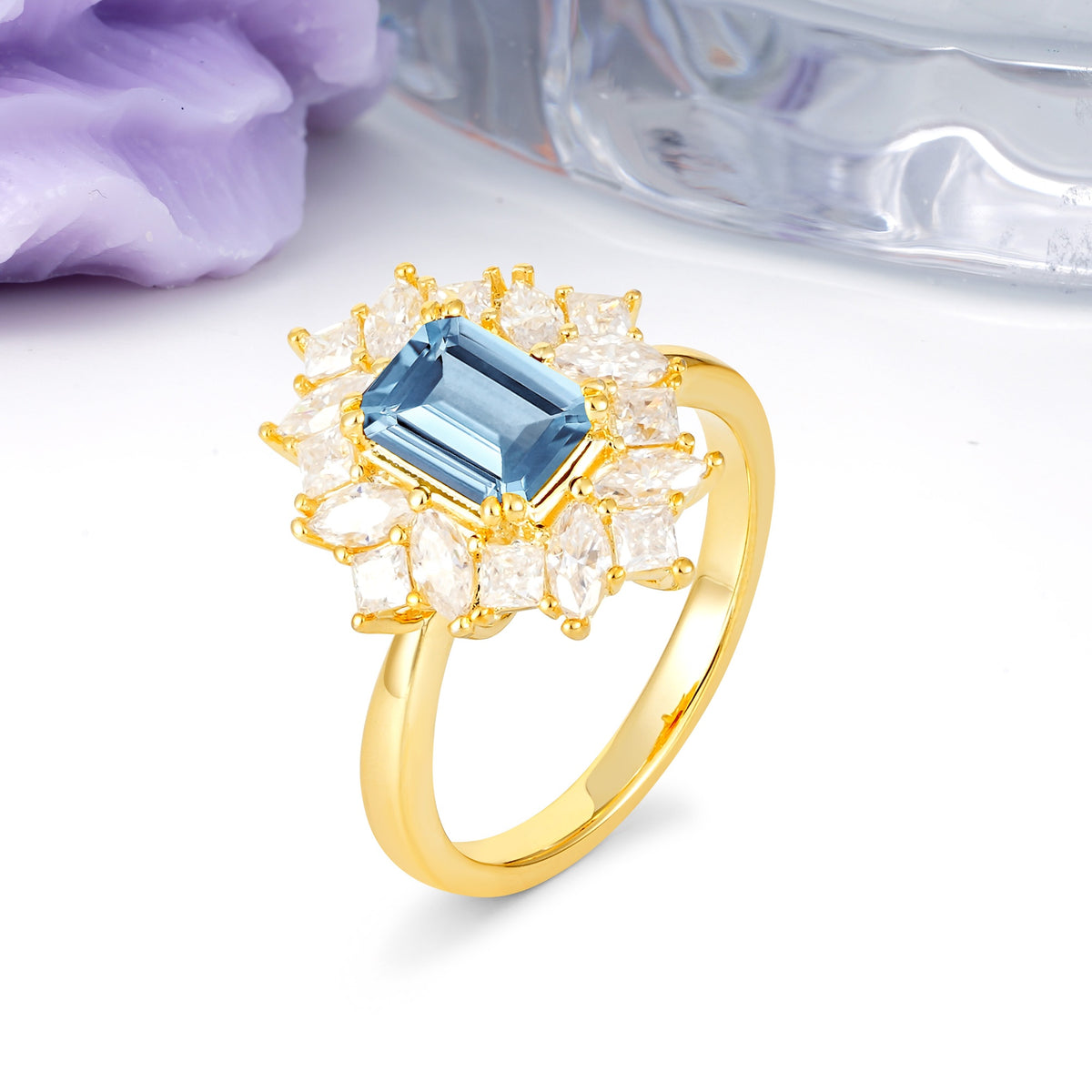 Unique & Classic 12-Prong Emerald Cut Aquamarine Engagement Ring - Additional view