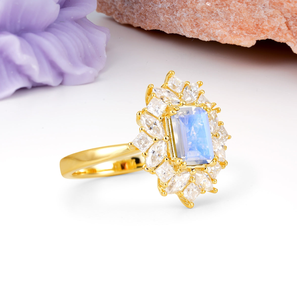 Unique & Classic 12-Prong Emerald Cut Moonstone Engagement Ring - Additional view