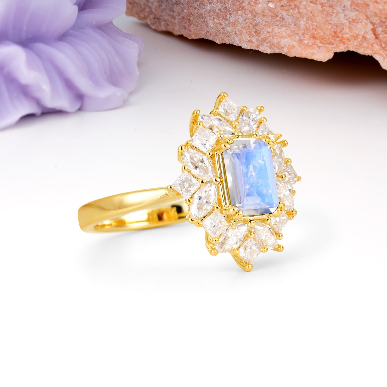 Unique & Classic 12-Prong Emerald Cut Moonstone Engagement Ring - Additional view