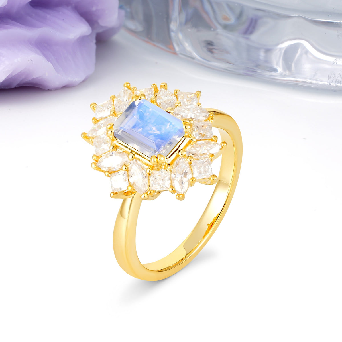 Unique & Classic 12-Prong Emerald Cut Moonstone Engagement Ring - Additional view