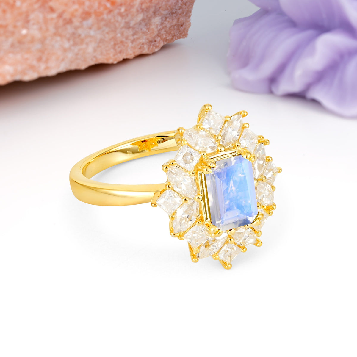 Unique & Classic 12-Prong Emerald Cut Moonstone Engagement Ring - Additional view