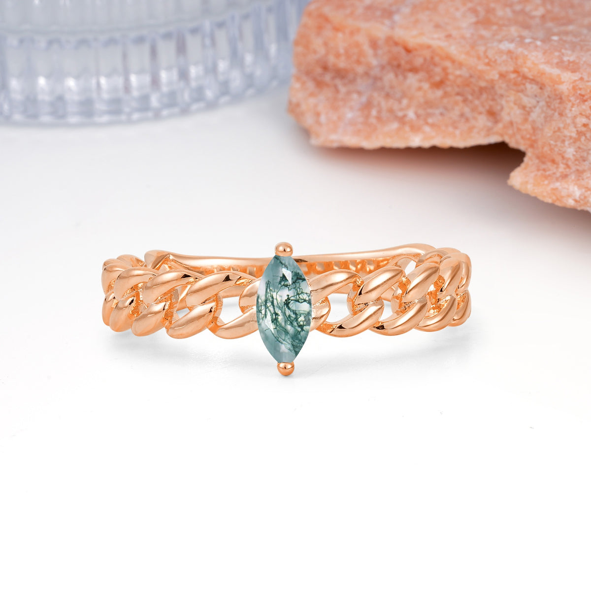 Unique, Minimalist, Twisted 2-Prong Setting with Marquise Cut Moss Agate Engagement Ring - Additional view