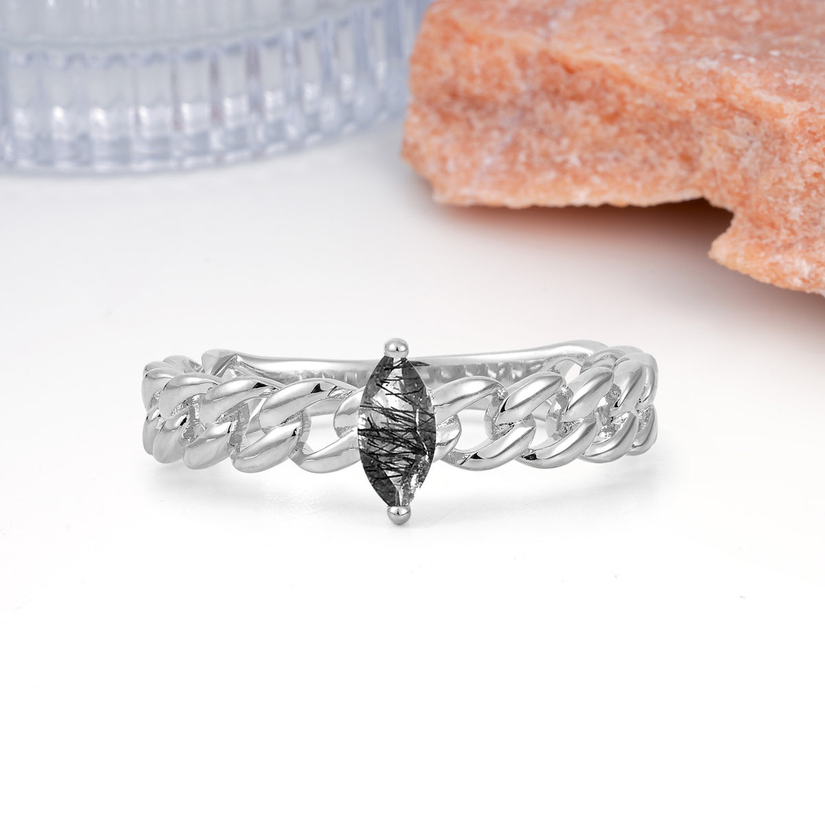 Unique, Minimalist, Twisted 2-Prong Setting with Marquise Cut Black Rutilated Quartz Engagement Ring - Additional view