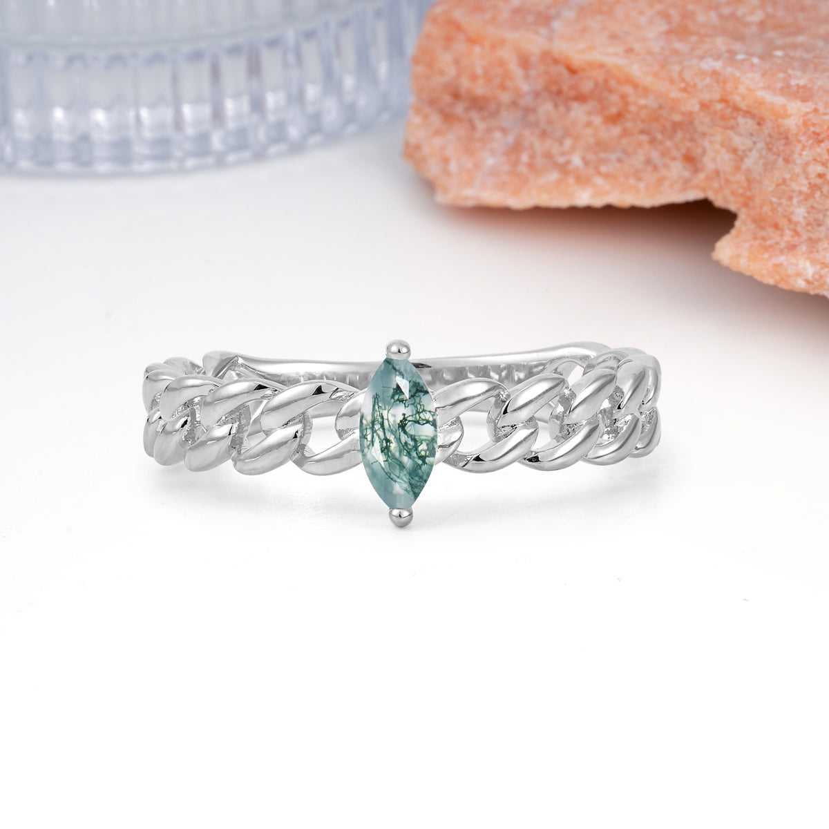 Unique, Minimalist, Twisted 2-Prong Setting with Marquise Cut Moss Agate Engagement Ring - Additional view