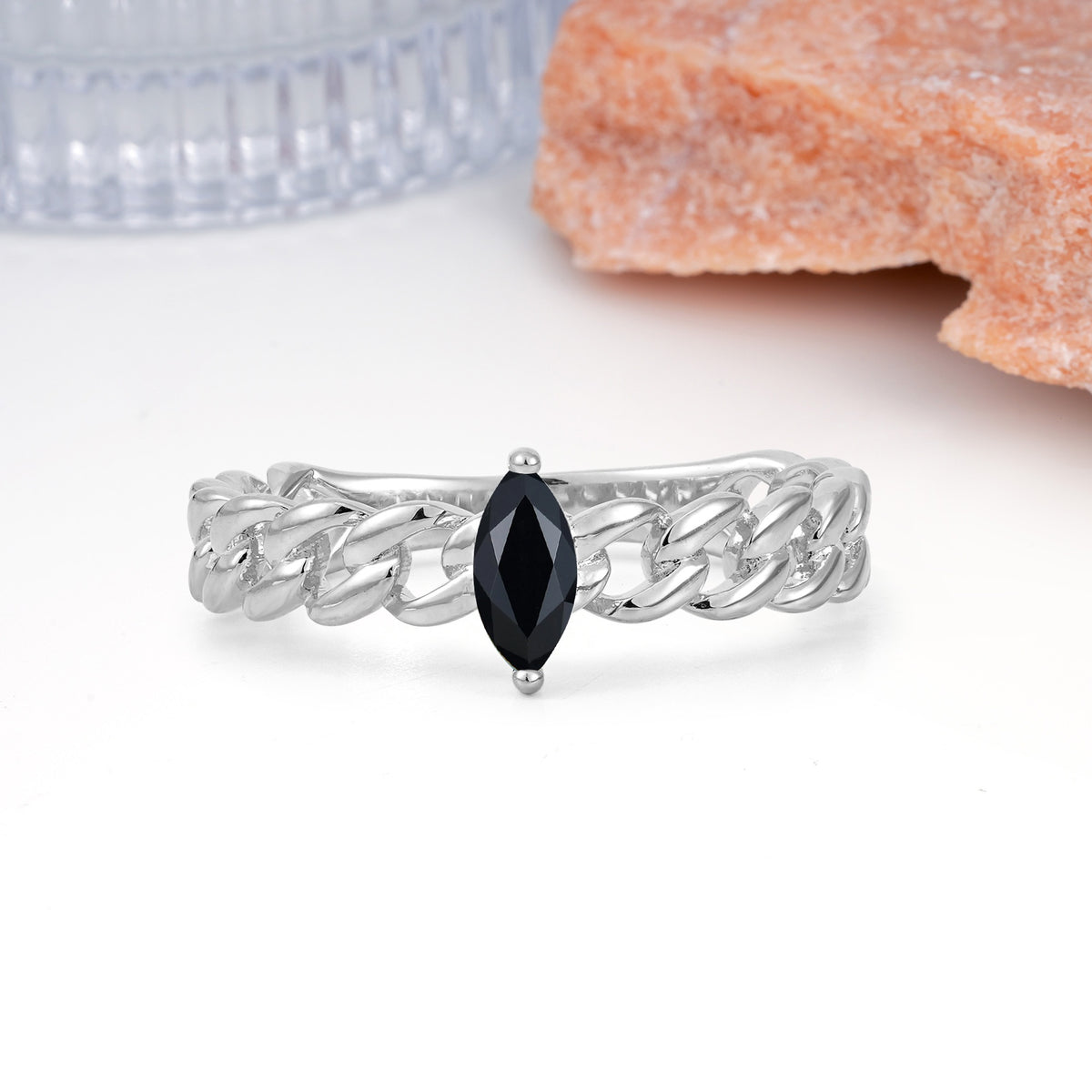Unique, Minimalist, Twisted 2-Prong Setting with Marquise Cut Black Onyx Engagement Ring - Additional view
