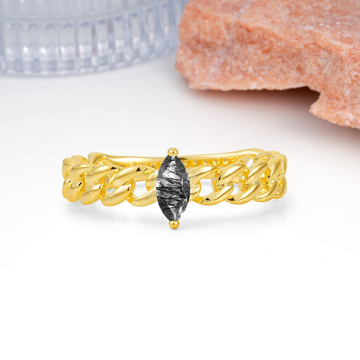 Unique, Minimalist, Twisted 2-Prong Setting with Marquise Cut Black Rutilated Quartz Engagement Ring - Additional view