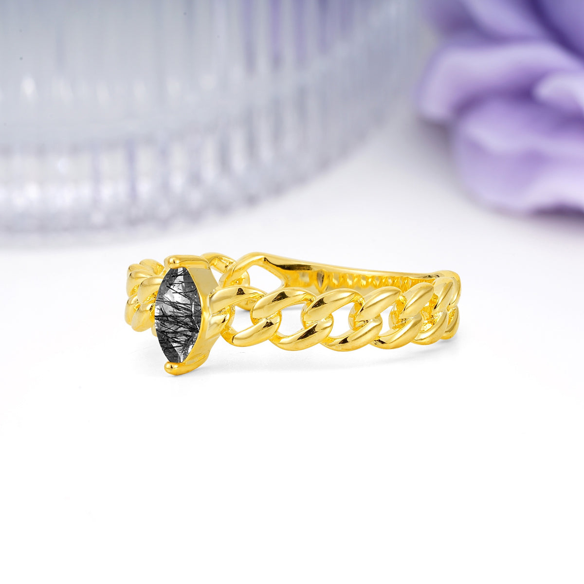 Unique, Minimalist, Twisted 2-Prong Setting with Marquise Cut Black Rutilated Quartz Engagement Ring - Additional view