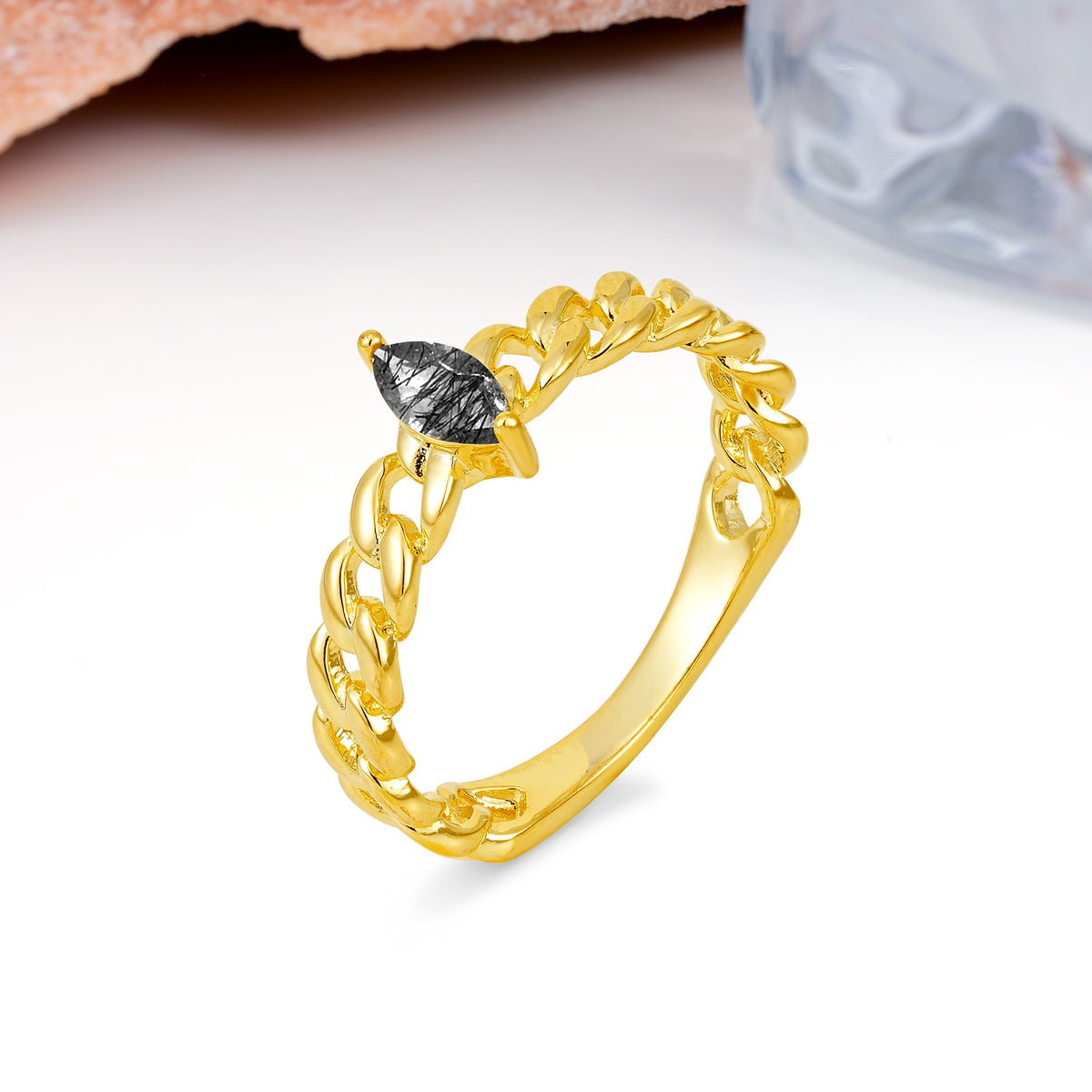 Unique, Minimalist, Twisted 2-Prong Setting with Marquise Cut Black Rutilated Quartz Engagement Ring - Additional view