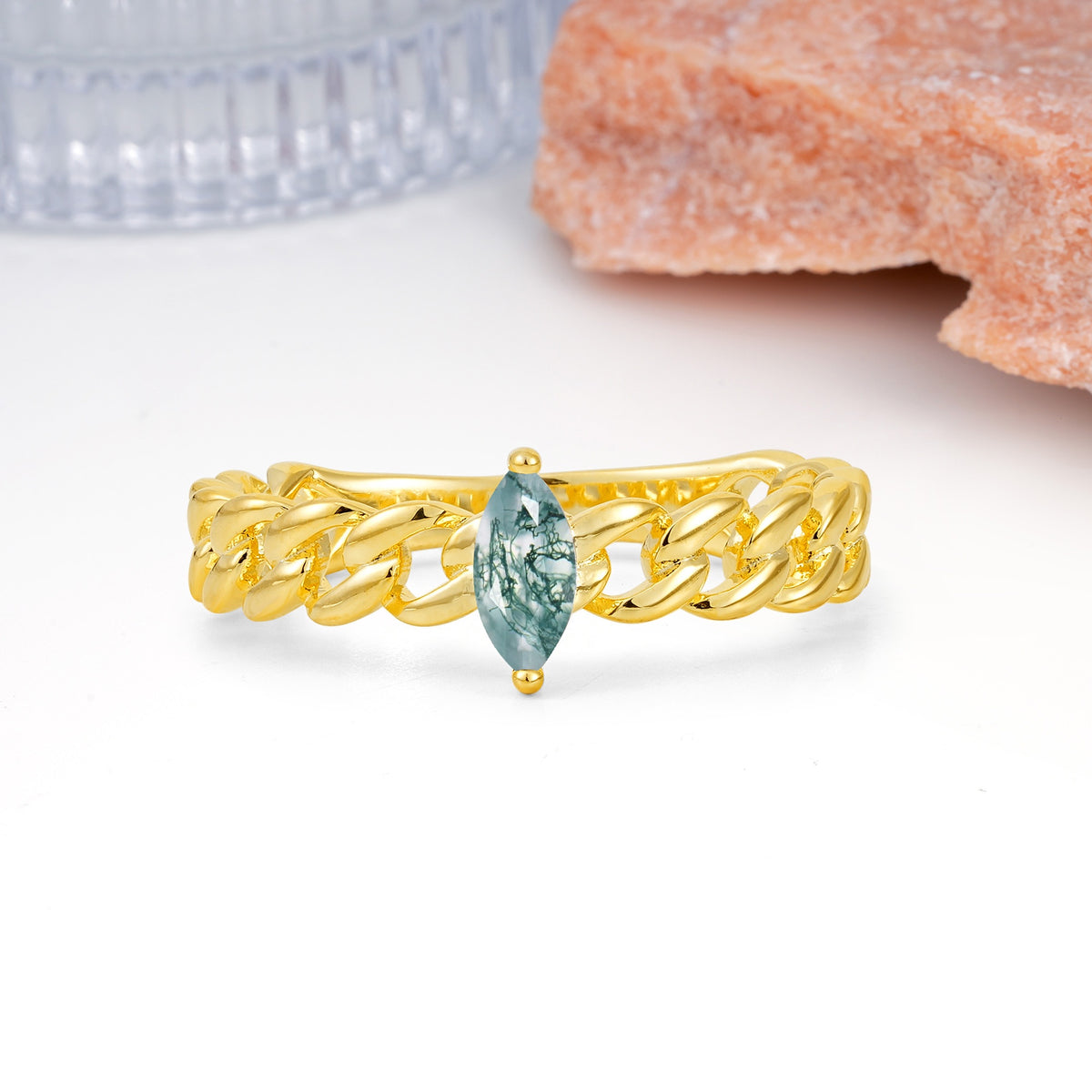 Unique, Minimalist, Twisted 2-Prong Setting with Marquise Cut Moss Agate Engagement Ring - Additional view