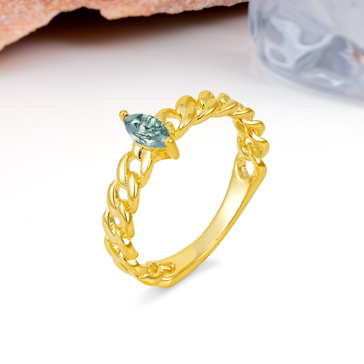 Unique, Minimalist, Twisted 2-Prong Setting with Marquise Cut Moss Agate Engagement Ring - Additional view