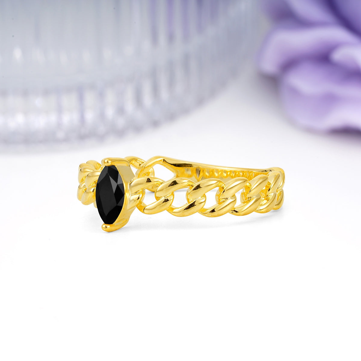 Unique, Minimalist, Twisted 2-Prong Setting with Marquise Cut Black Onyx Engagement Ring - Additional view