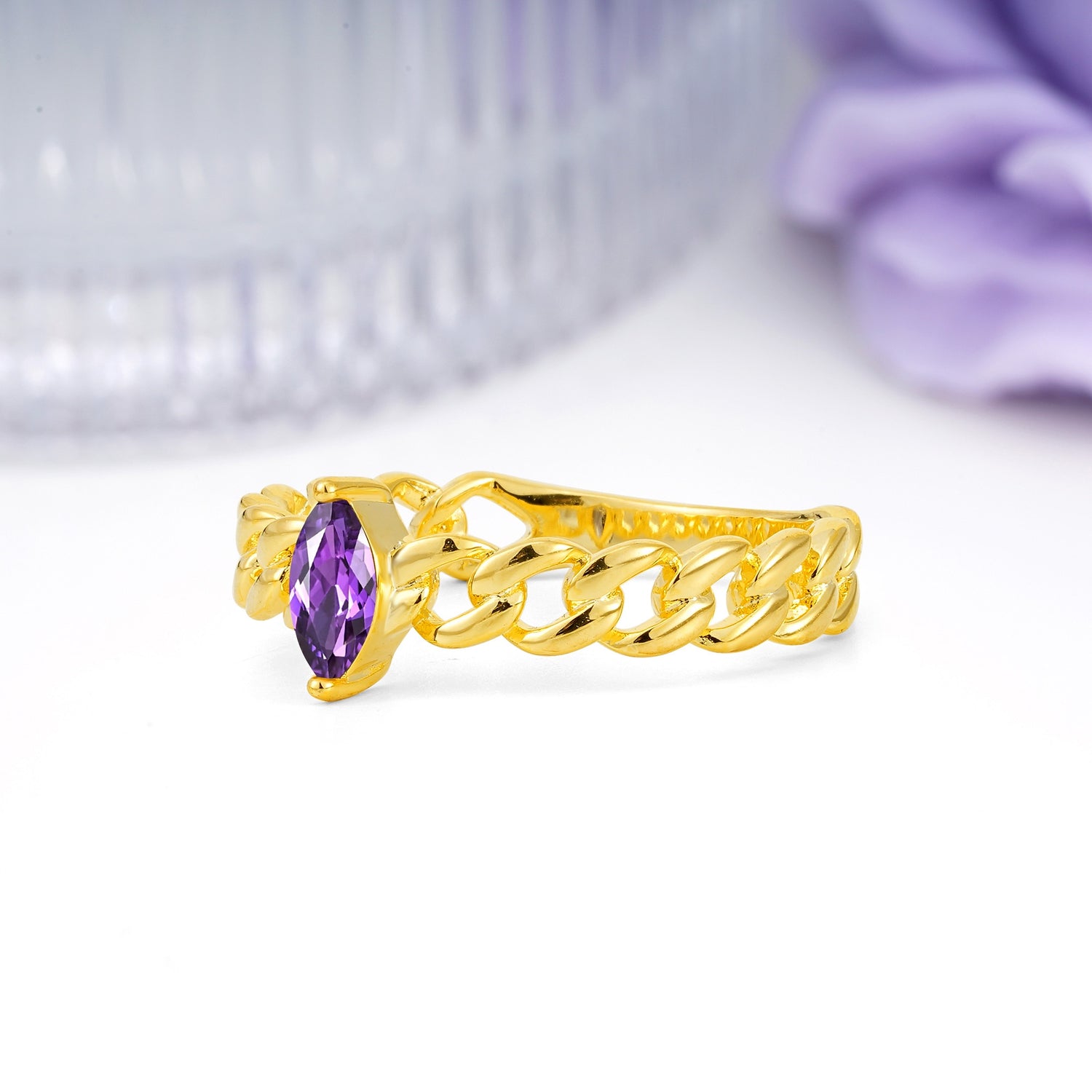 Unique, Minimalist, Twisted 2-Prong Setting with Marquise Cut Amethyst Engagement Ring - Additional view