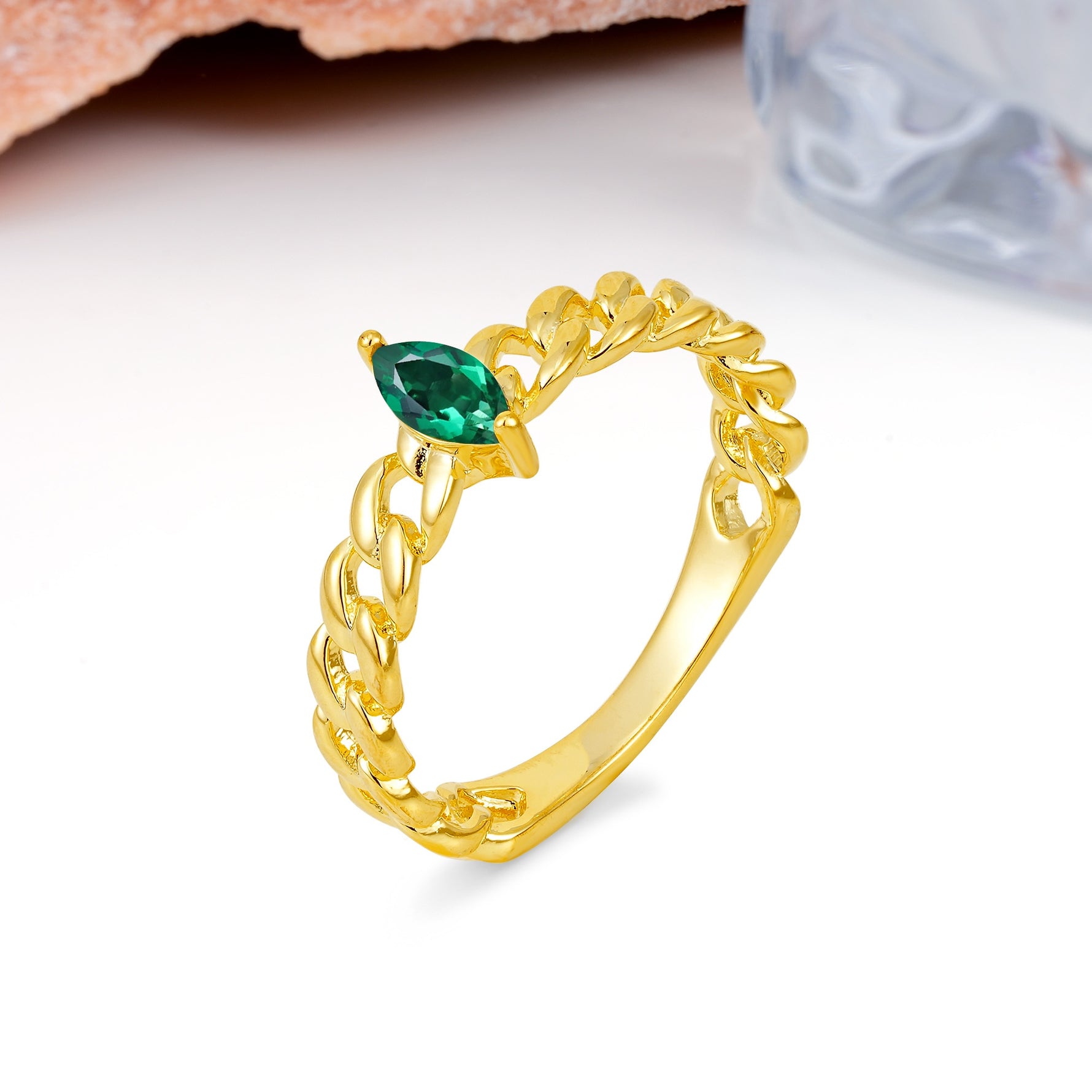 Unique, Minimalist, Twisted 2-Prong Setting with Marquise Cut Emerald Engagement Ring - Additional view
