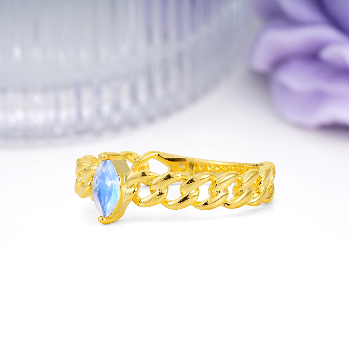 Unique, Minimalist, Twisted 2-Prong Setting with Marquise Cut Moonstone Engagement Ring - Additional view