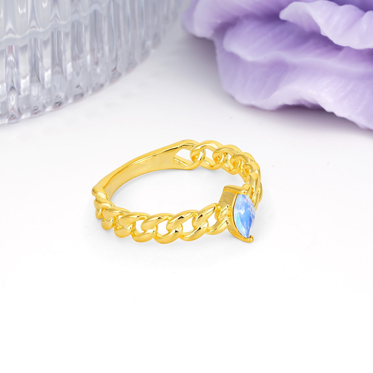 Unique, Minimalist, Twisted 2-Prong Setting with Marquise Cut Moonstone Engagement Ring - Additional view
