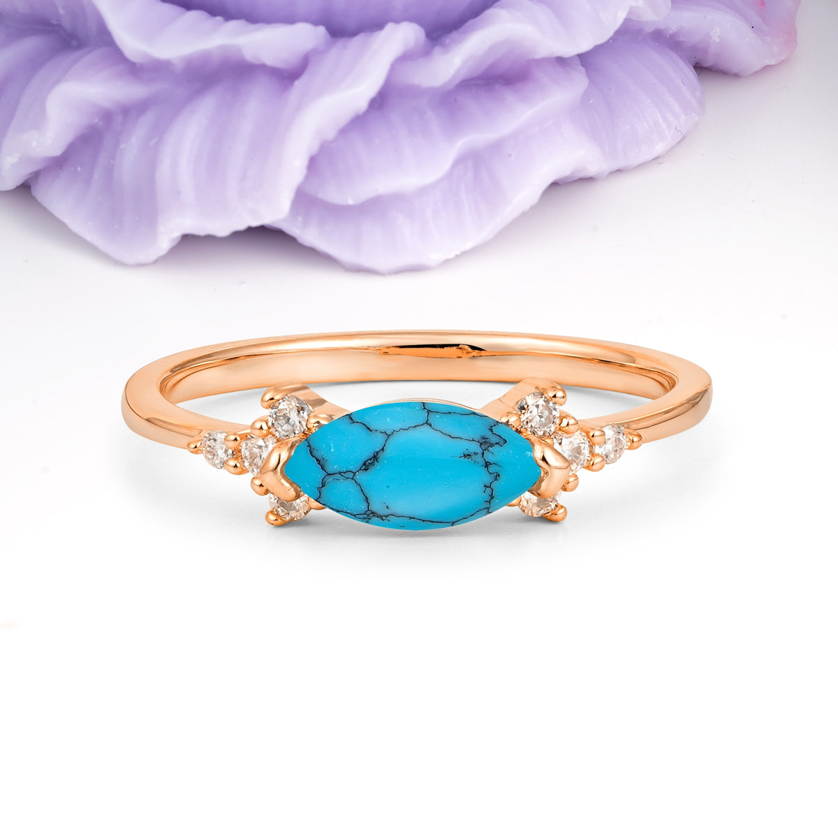 Unique, Minimalist 2-Prong Marquise Cut Turquoise Engagement Ring - Additional view