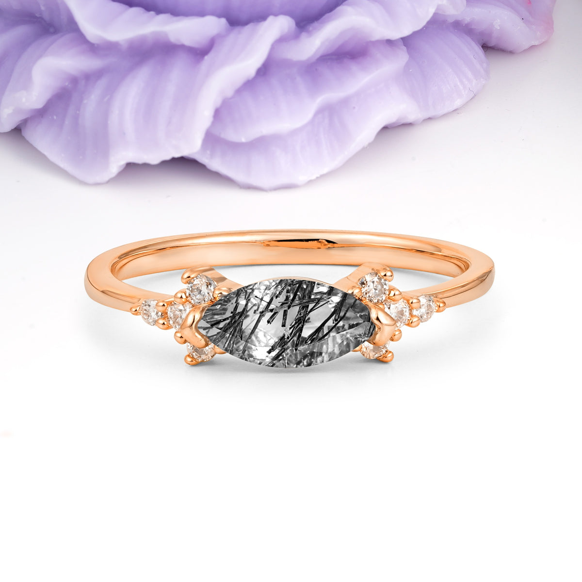 Unique, Minimalist 2-Prong Marquise Cut Black Rutilated Quartz Engagement Ring - Additional view