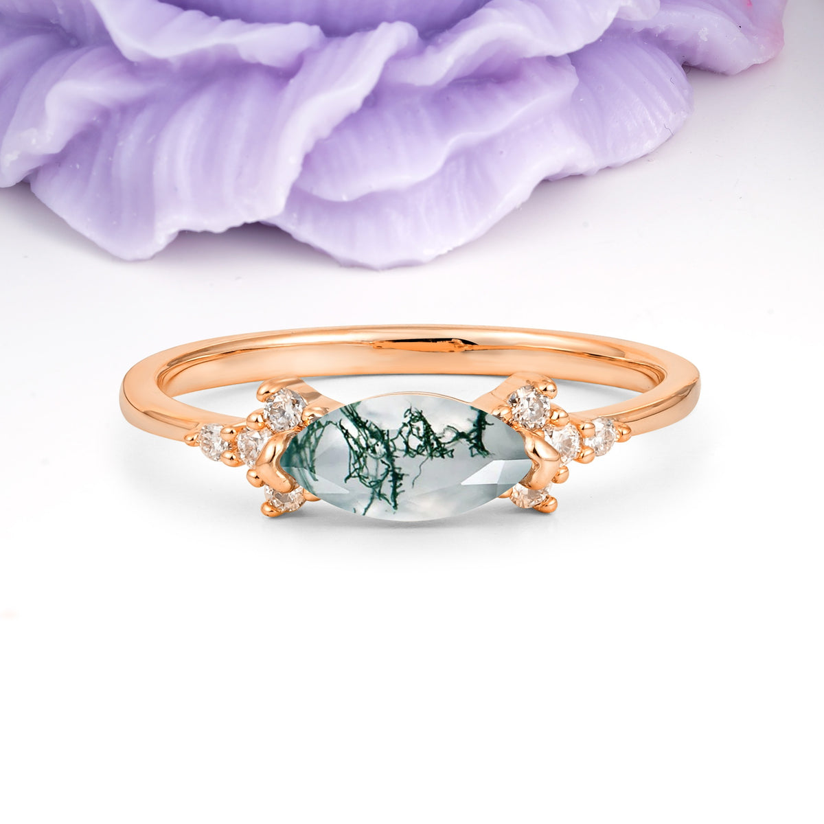 Unique, Minimalist 2-Prong Marquise Cut Moss Agate Engagement Ring - Additional view