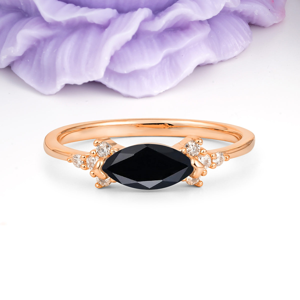 Unique, Minimalist 2-Prong Marquise Cut Black Onyx Engagement Ring - Additional view