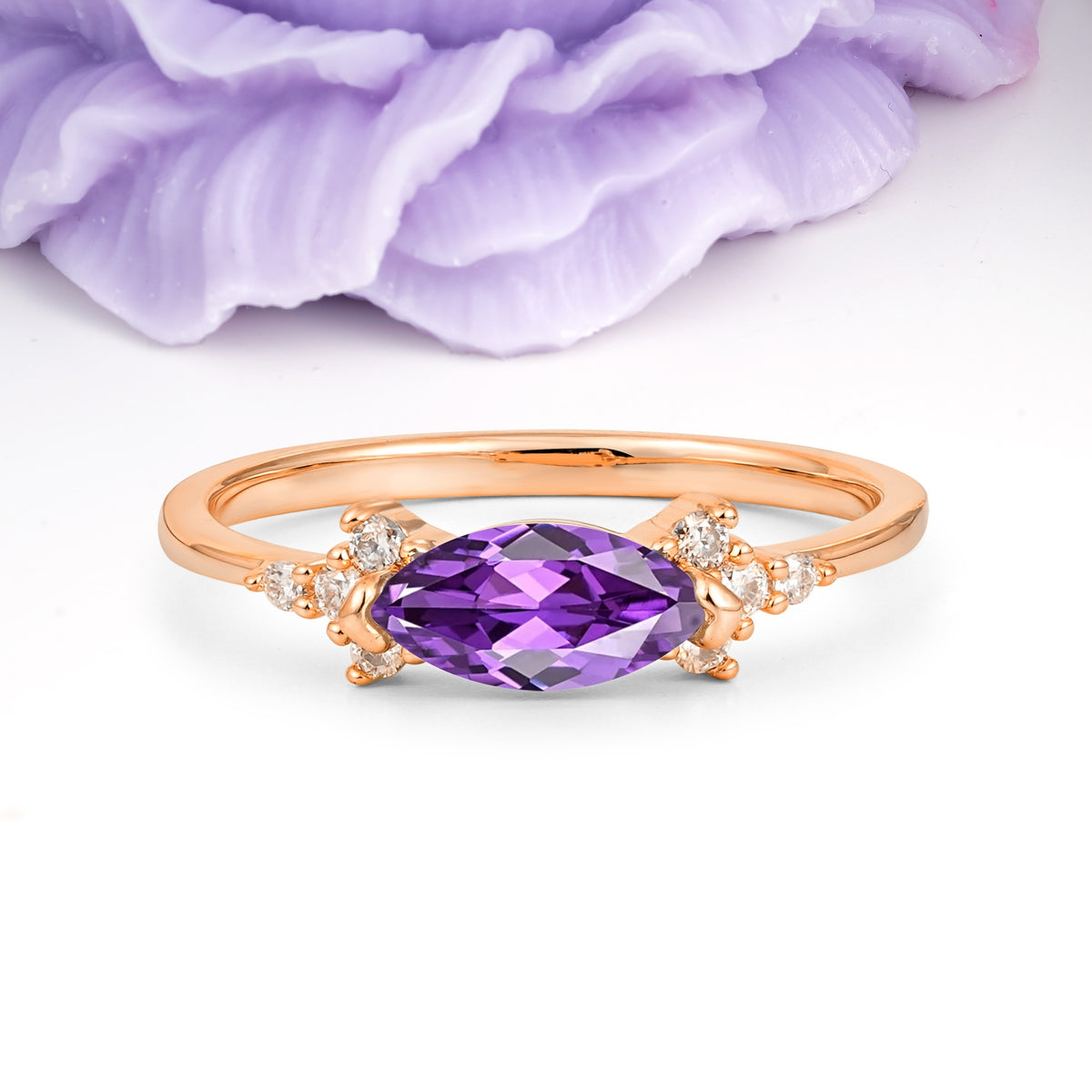 Unique, Minimalist 2-Prong Marquise Cut Amethyst Engagement Ring - Additional view