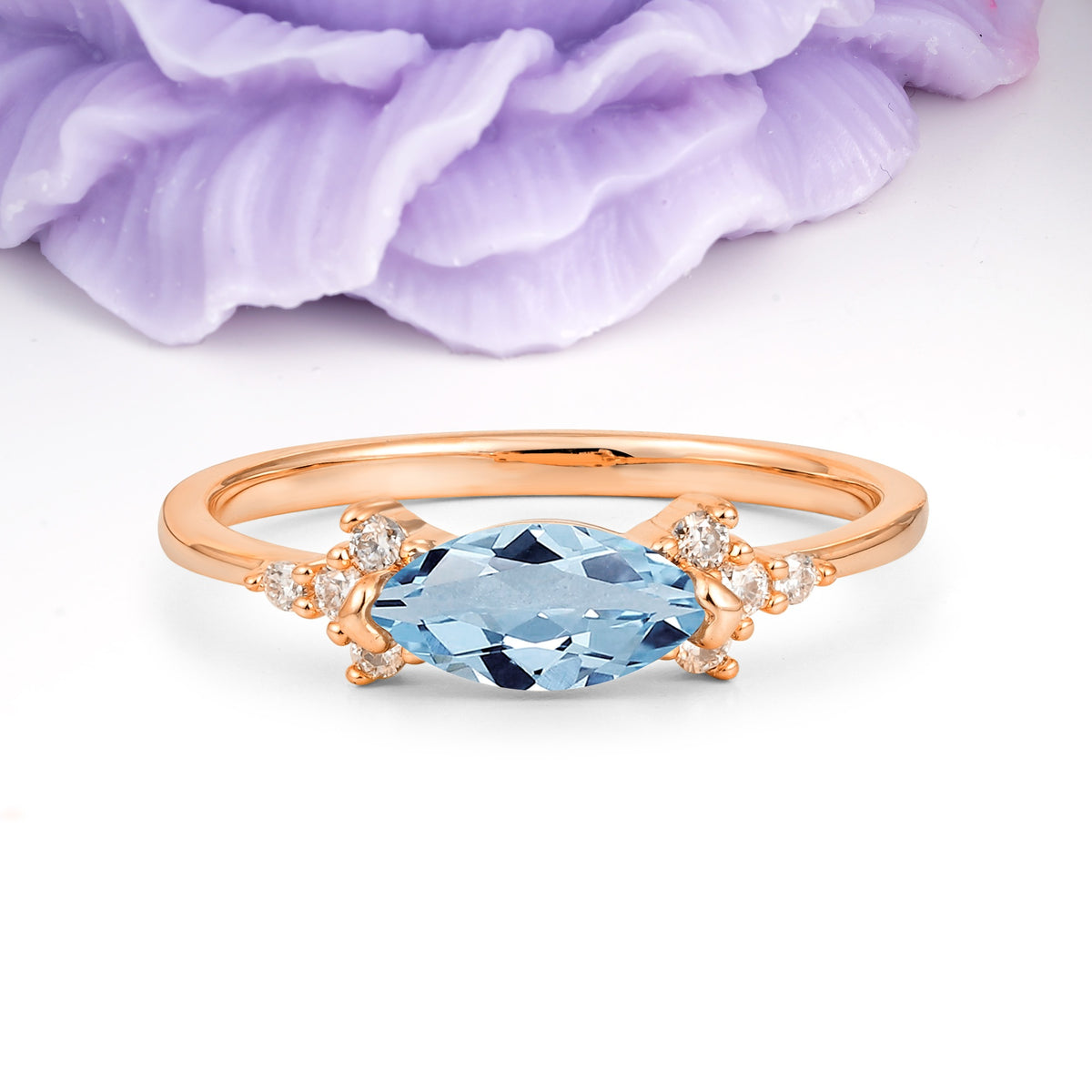 Unique, Minimalist 2-Prong Marquise Cut Aquamarine Engagement Ring - Additional view