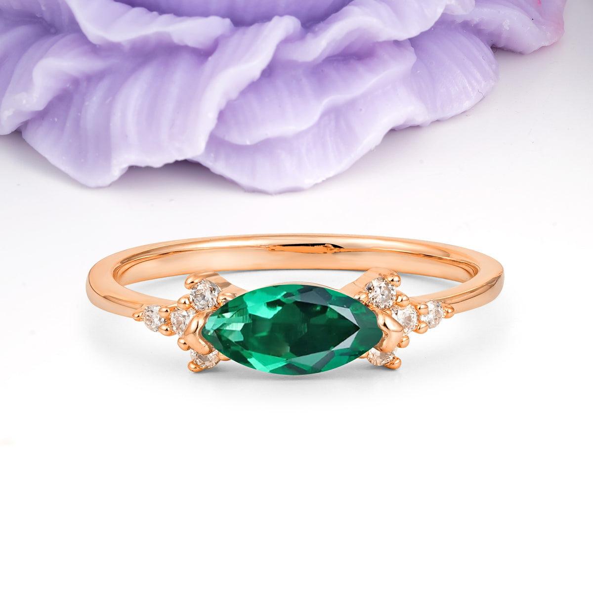 Unique, Minimalist 2-Prong Marquise Cut Emerald Engagement Ring - Additional view