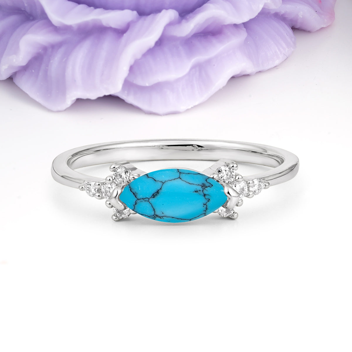 Unique, Minimalist 2-Prong Marquise Cut Turquoise Engagement Ring - Additional view