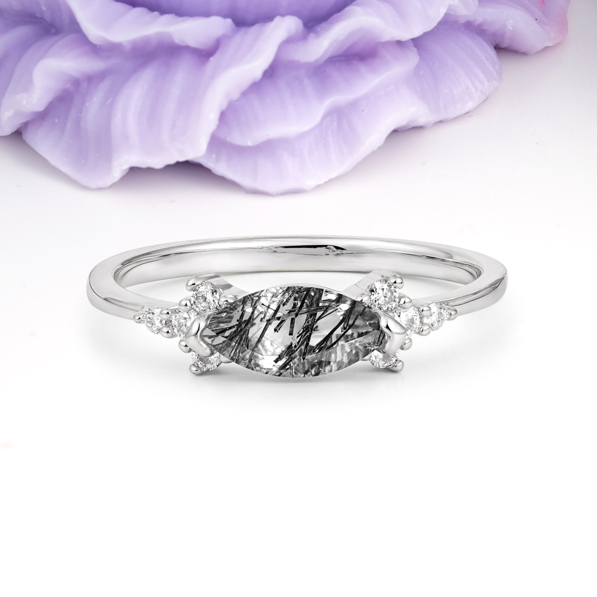 Unique, Minimalist 2-Prong Marquise Cut Black Rutilated Quartz Engagement Ring - Additional view