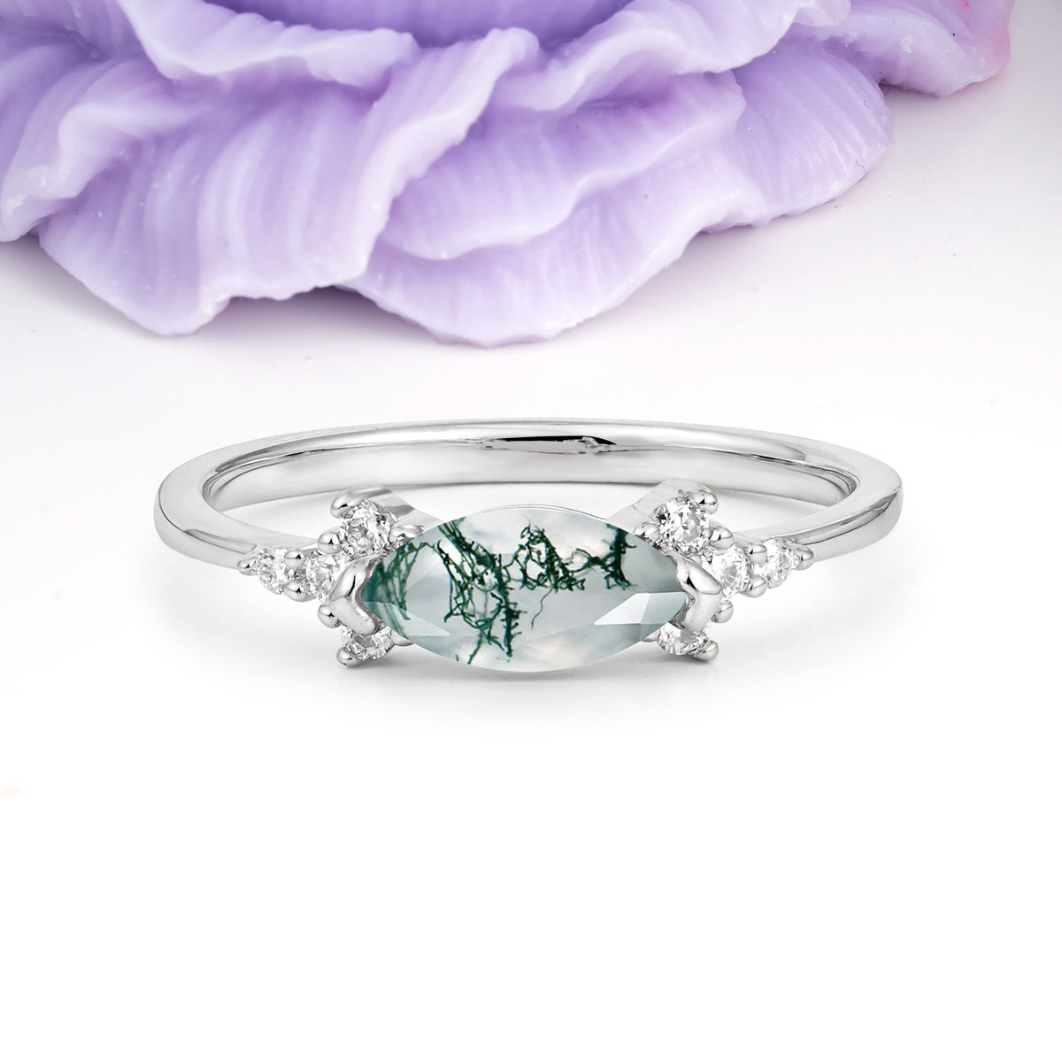 Unique, Minimalist 2-Prong Marquise Cut Moss Agate Engagement Ring - Additional view