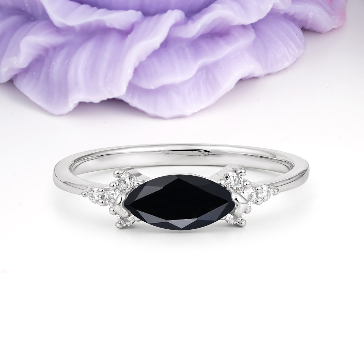 Unique, Minimalist 2-Prong Marquise Cut Black Onyx Engagement Ring - Additional view
