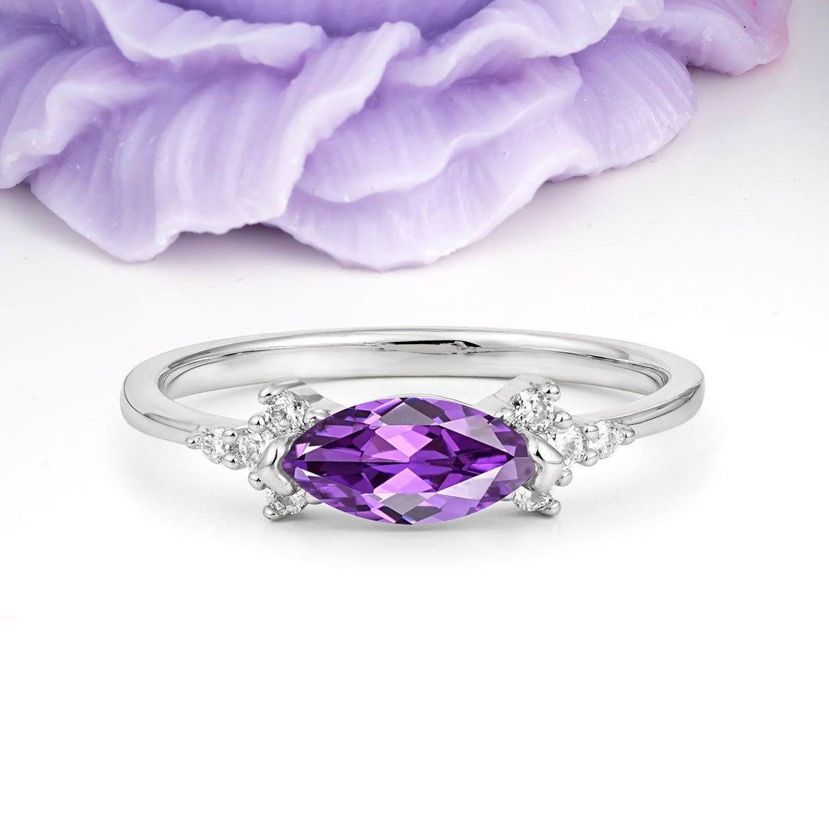 Unique, Minimalist 2-Prong Marquise Cut Amethyst Engagement Ring - Additional view
