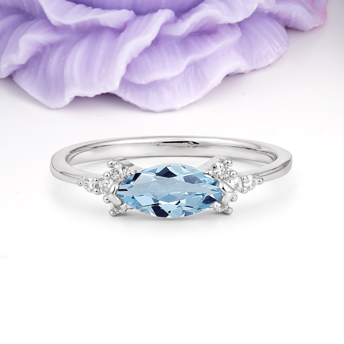 Unique, Minimalist 2-Prong Marquise Cut Aquamarine Engagement Ring - Additional view