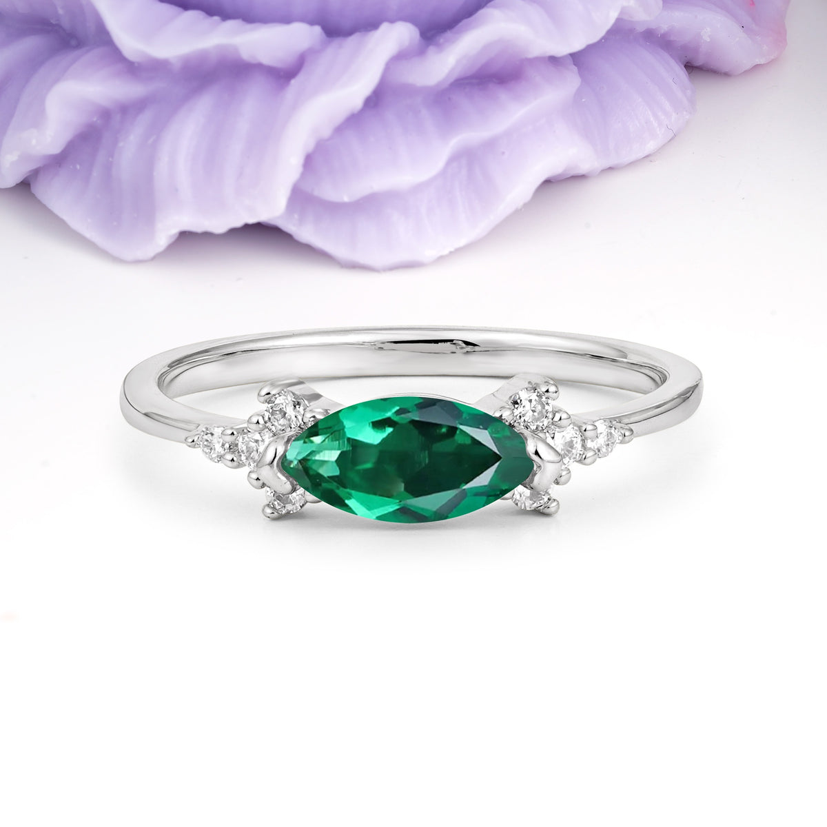 Unique, Minimalist 2-Prong Marquise Cut Emerald Engagement Ring - Additional view