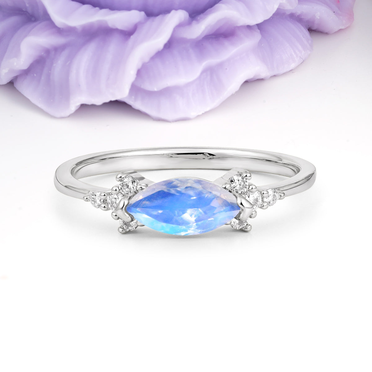 Unique, Minimalist 2-Prong Marquise Cut Moonstone Engagement Ring - Additional view