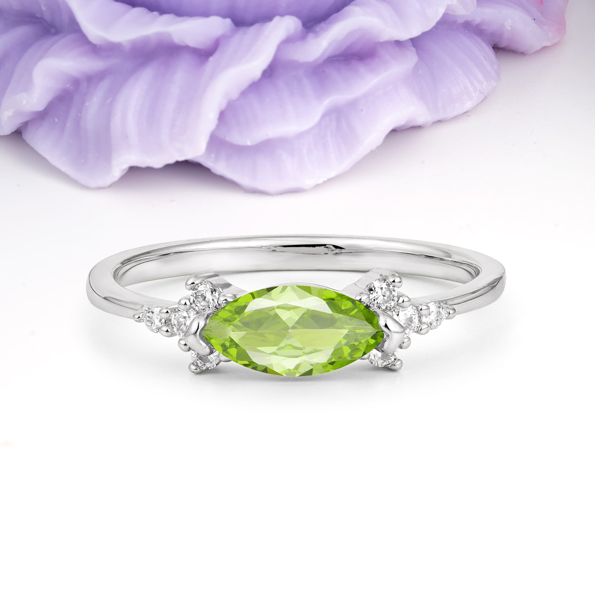Unique, Minimalist 2-Prong Marquise Cut Peridot Engagement Ring - Additional view