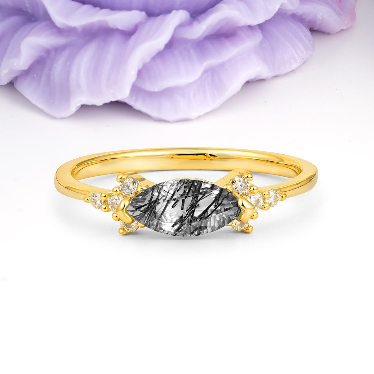 Unique, Minimalist 2-Prong Marquise Cut Black Rutilated Quartz Engagement Ring - Additional view