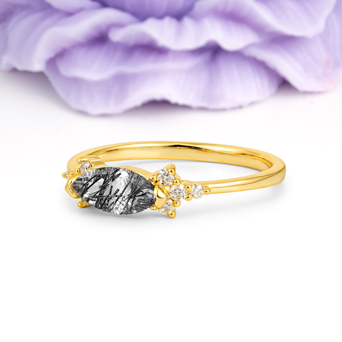 Unique, Minimalist 2-Prong Marquise Cut Black Rutilated Quartz Engagement Ring - Additional view