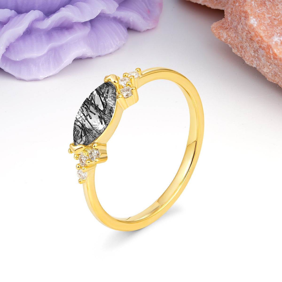 Unique, Minimalist 2-Prong Marquise Cut Black Rutilated Quartz Engagement Ring - Additional view