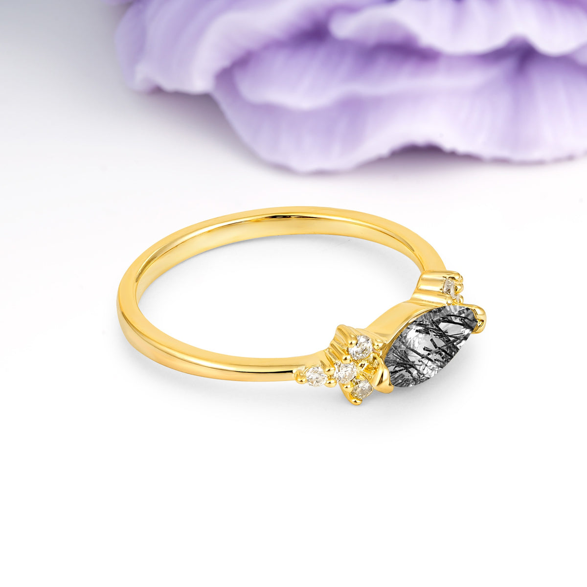 Unique, Minimalist 2-Prong Marquise Cut Black Rutilated Quartz Engagement Ring - Additional view