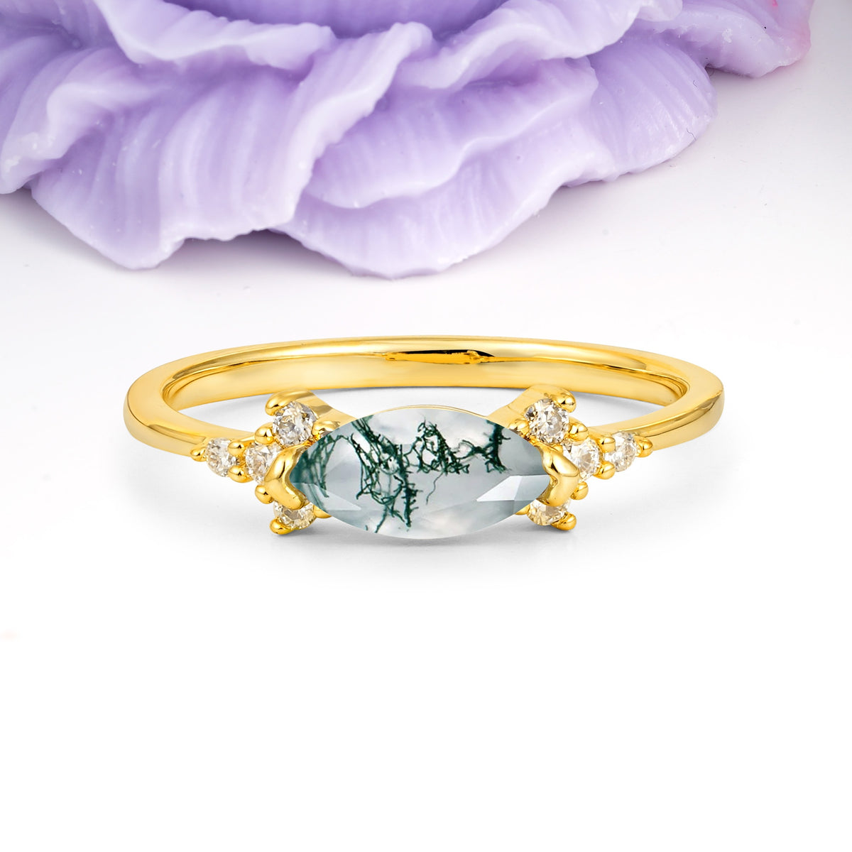 Unique, Minimalist 2-Prong Marquise Cut Moss Agate Engagement Ring - Additional view