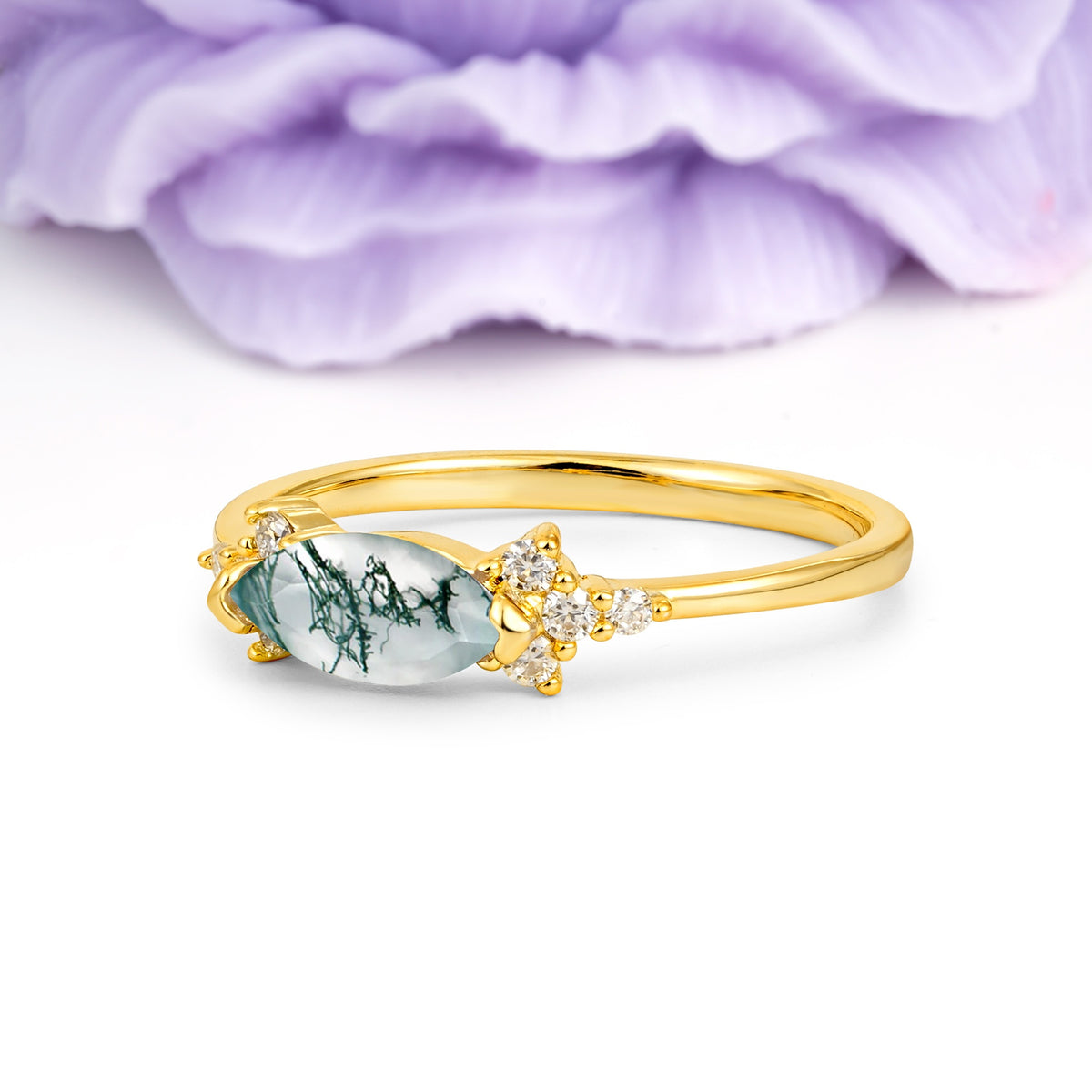 Unique, Minimalist 2-Prong Marquise Cut Moss Agate Engagement Ring - Additional view