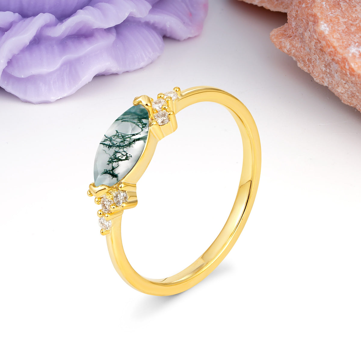 Unique, Minimalist 2-Prong Marquise Cut Moss Agate Engagement Ring - Additional view
