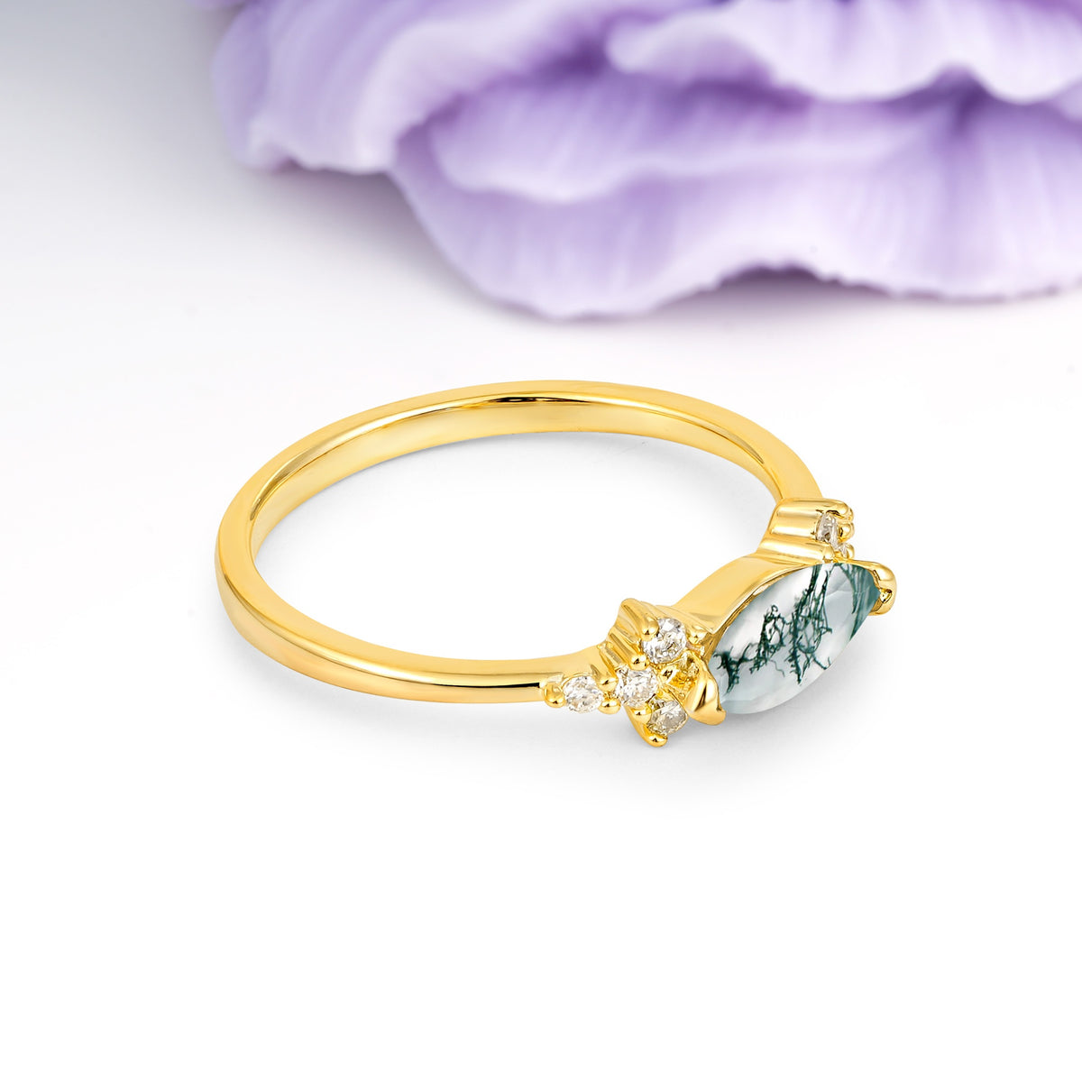 Unique, Minimalist 2-Prong Marquise Cut Moss Agate Engagement Ring - Additional view